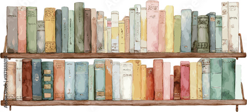 Bookshelf with books, vintage cartoon style, white background, vector illustration