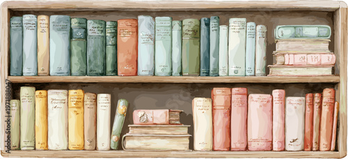 Bookshelf with books, in vintage clip art style, isolated on white background