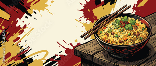 Delicious Asian Fried Rice Bowl with Chopsticks on Wooden Table.