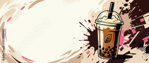 Delicious Bubble Tea Drink with Tapioca Pearls and Creamy Topping.