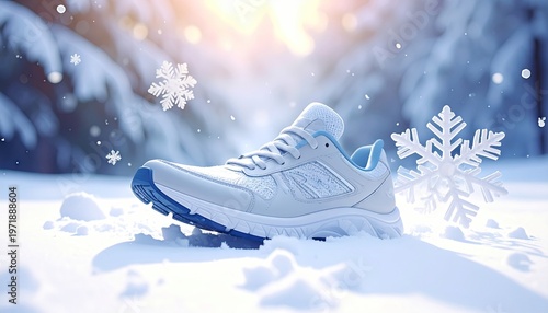 Close-up of a white winter running shoe in deep snow with snowflakes