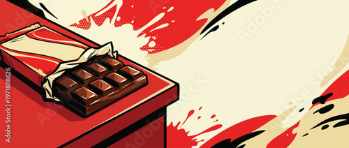 Delicious Chocolate Bar with Open Wrapper on Red Surface.