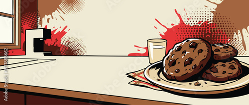 Delicious Chocolate Chip Cookies and Milk on a Plate.