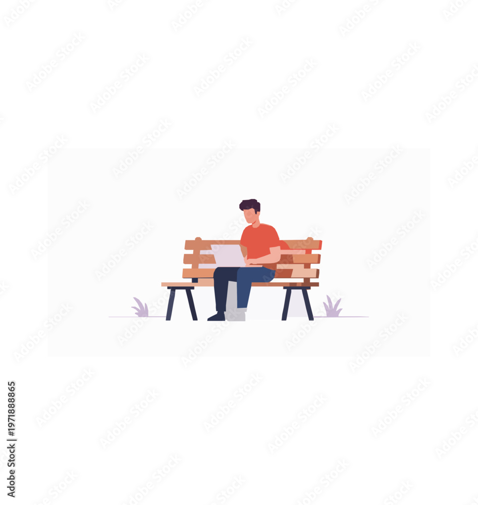 Fototapeta premium Cartoon man working on laptop in park sitting on bench remote work outdoor lifestyle vector illustration