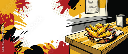 Delicious Crispy Fried Chicken Drumsticks in a Basket on a Wooden Table.