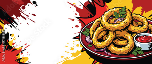 Delicious Crispy Golden Fried Onion Rings with Ketchup and Parsley.