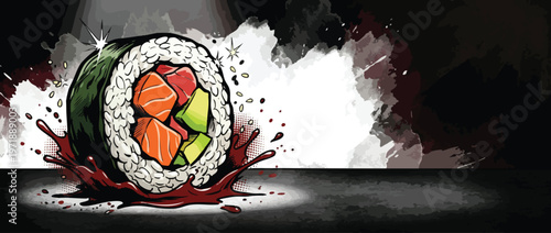 Delicious Fresh Sushi Roll with Vibrant Ingredients and Sauce Splash.