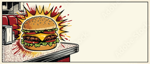 Delicious Double Cheeseburger with Fresh Ingredients Pop Art Style.