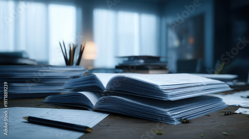 An open book sits on the desk, surrounded by papers and pencils. The scene evokes a sense of concentration and hard work