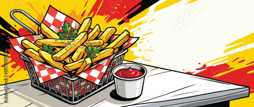 Delicious golden french fries in basket with ketchup for snack time.