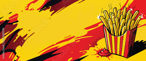 Delicious golden french fries in striped carton with ketchup splash.