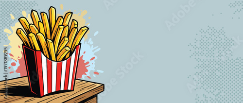 Delicious Golden French Fries in Striped Container on Wooden Table.