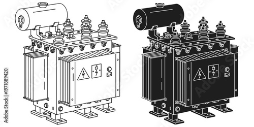Electrical transformer technical illustration with cooling fins, oil tank, insulators, terminals, high voltage hazard symbols, engineering equipment design, flat vector illustration