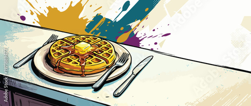 Delicious Golden Waffle with Syrup and Butter on a Plate.