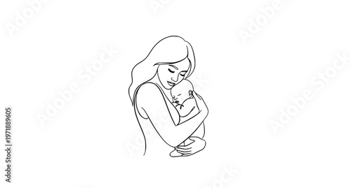 Mother holding baby line art vector illustration symbol of love care and motherhood for mothers day design
