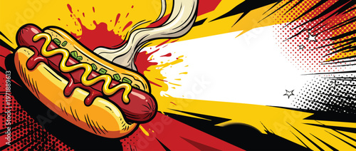 Delicious Hot Dog with Ketchup and Mustard Comic Style.