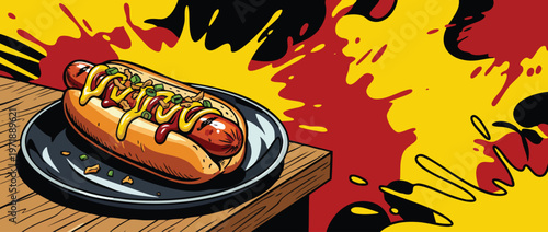 Delicious Hot Dog with Mustard and Ketchup on a Plate.