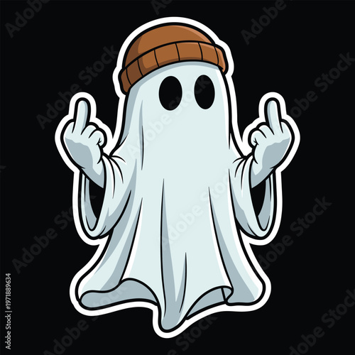 PA cartoon mascot illustration of an edgy ghost wearing a beanie hat showing middle fingersrint