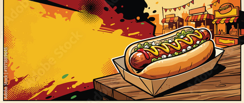 Delicious Hot Dog with Mustard and Relish on a Bun 1.