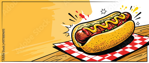 Delicious Hot Dog with Mustard and Relish on a Checkered Napkin.