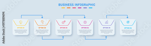 Modern Business Infographic with 6 Step Workflow Cards and Connected Arrow Flow Design
