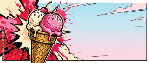 Delicious Ice Cream Cone with Two Scoops and Cherry Topping.