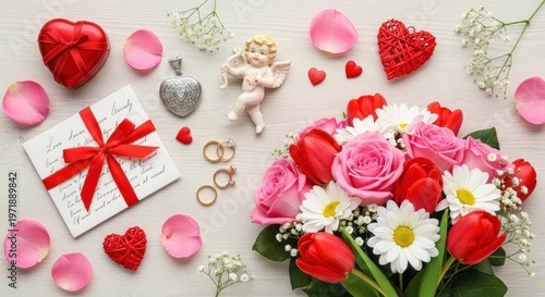 A beautifully arranged bouquet of pink roses, red tulips, and white daisies, adorned with red and white hearts, placed on a white wooden table with scattered pink rose petals.