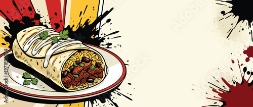 Delicious Mexican Burrito with Creamy Topping on a Plate.