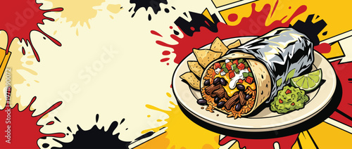 Delicious Mexican Burrito with Guacamole and Nachos on a Plate.