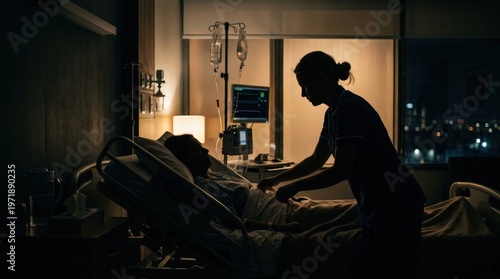 Professional nurse caring for a patient in a hospital bed during a night shift at clinic