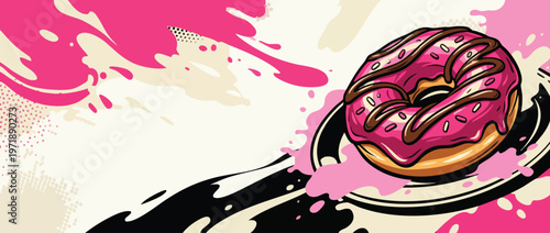 Delicious Pink Frosted Donut with Chocolate Drizzle on a Plate.