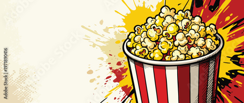 Delicious Popcorn in Striped Container Ready for Movie Night Entertainment.