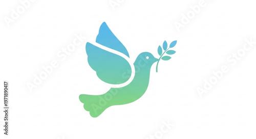 Peaceful dove with olive branch in beak symbolizing hope and harmony gradient blue green wings