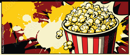 Delicious Popcorn in Striped Container Ready for Movie Night.