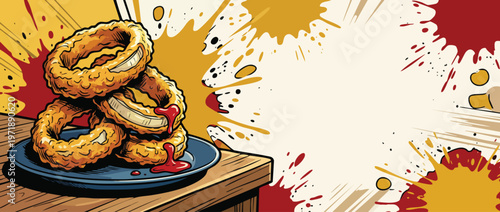 Delicious Stack of Golden Crispy Onion Rings with Ketchup Drizzle on a Plate.