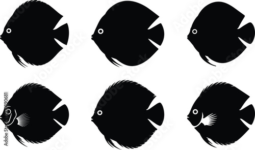 Set of Minimalist black discus fish silhouette vector icon