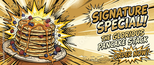 Delicious Stack of Pancakes with Syrup and Berries.