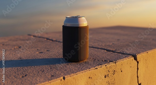 A single beverage can sitting on a concrete ledge in the bright afternoon sun. beer can koozie