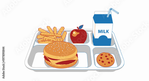 Classic School Lunch Tray with Burger, Fries, and Milk