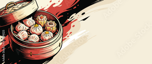 Delicious Steamed Dim Sum Assortment in Traditional Bamboo Basket.