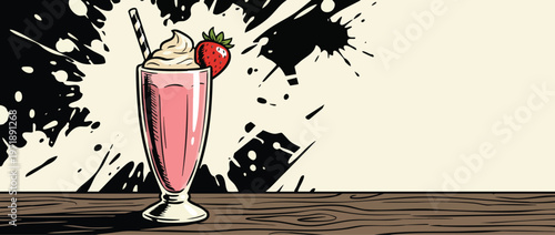 Delicious strawberry milkshake with whipped cream and fresh berry.