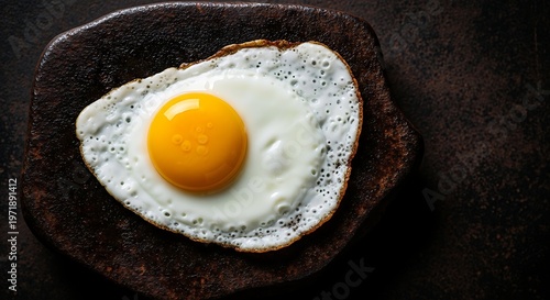Close-up of a perfectly cooked sunny-side-up fried egg on a dark plate, ready to eat.