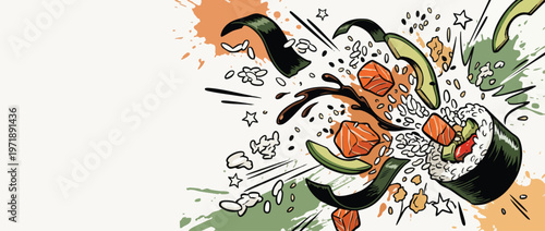 Exploding Sushi Roll with Dynamic Ingredients and Splash Effects.