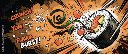 Explosive Sushi Roll Flavor Burst with Chopsticks Comic Style.
