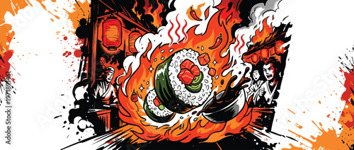 Fiery Sushi Roll Illustration with Dynamic Flames and Japanese Culinary Art.