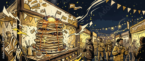 Giant Stack of Pancakes with Syrup and Butter at Night Market.