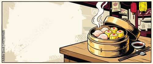 Steaming Dim Sum Basket with Delicious Dumplings on a Wooden Table.