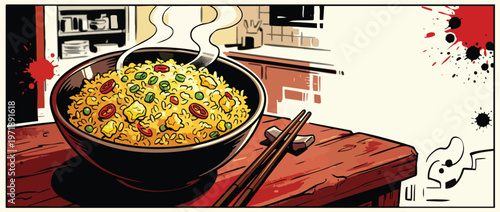 Steaming Hot Bowl of Delicious Asian Fried Rice with Chopsticks.