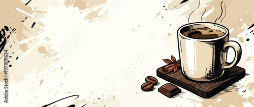 Steaming Hot Coffee Mug with Beans and Chocolate.