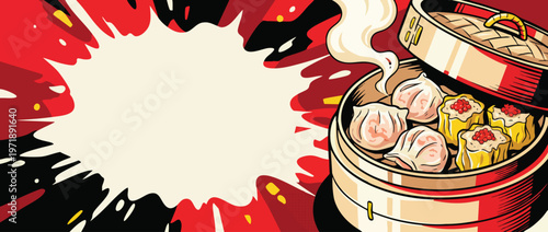 Steaming hot delicious traditional Asian dim sum dumplings in bamboo steamer basket.